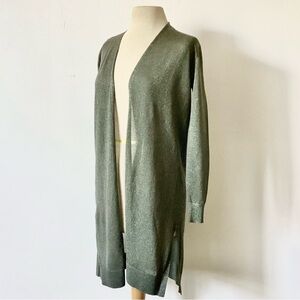 Ann Taylor Loft Cardigan Sparkle Shimmer Long Duster Sweater Metallic Green